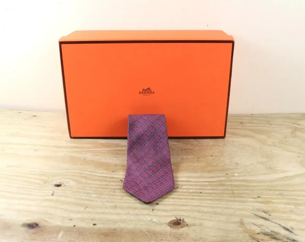 Hermes Tie Mens Silk Red Blue Chain Link Geometric Print France No Box